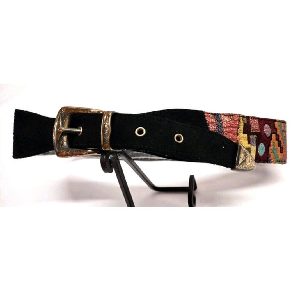 Vintage 1990s Belt Black Suede Urban Colors Tapestry Fabric Southwest Design S/M